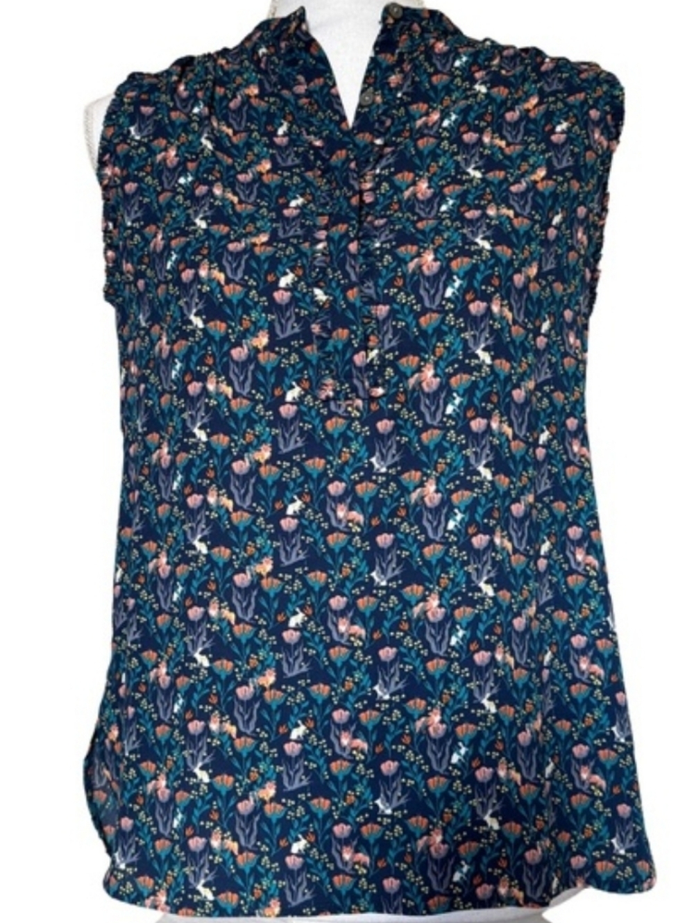 LOFT Navy Floral Fox & Rabbit Sleeveless Camisole, Size L
